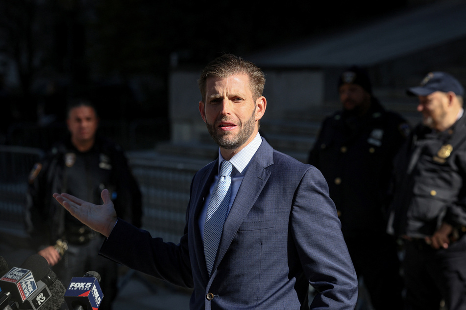 Former President Donald Trump's son and co-defendant, Eric Trump, speaks outside the New York State Supreme Court during the Trump Organization civil fraud trial.