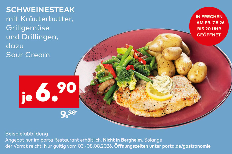 Das leckere Schweinesteak mit Kräuterbutter, Gemüse und Drillingen stärkt Euch beim Möbelshopping.