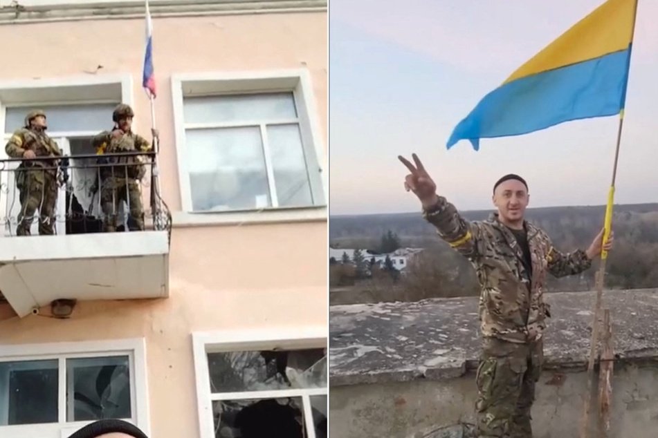 Ukrainian soldiers celebrate the recapture of Kherson after Russian forces retreat from the city.