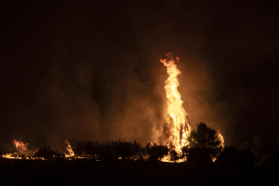Flammen steigen aus einem Waldgebiet in der Küstenregion nahe Galataki auf.