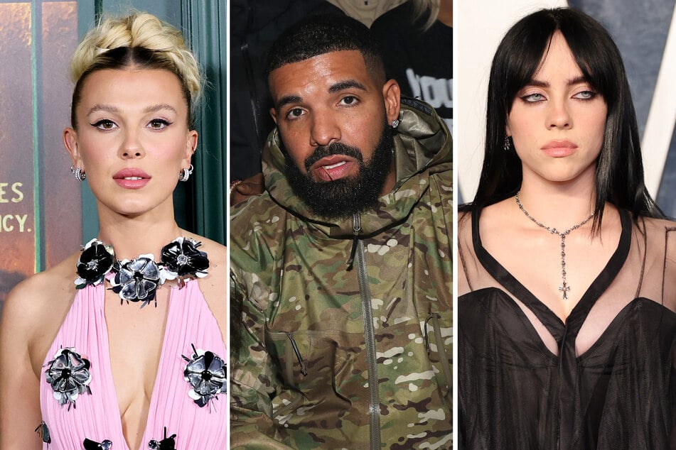 Drake referenced Millie Bobby Brown (l.) and Billie Eilish (r.) on his new album, with both stars having confirmed a texting relationship with the rapper when they were underage.
