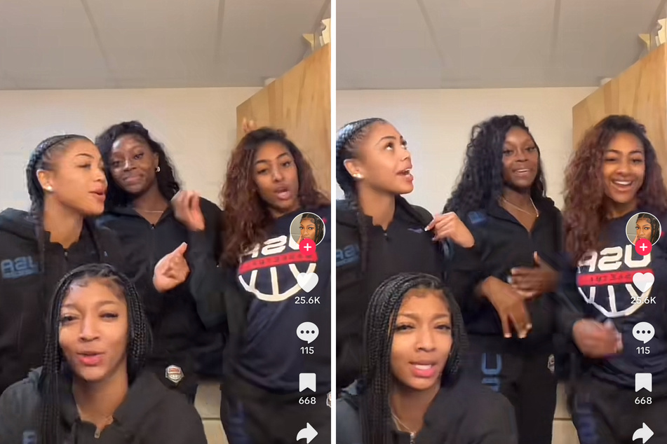 LSU superstar Angel Reese (bottom l.) and her touted FIBA AmeriCup teammates went TikTok viral after giving fans the ultimate off-court bonding moment.