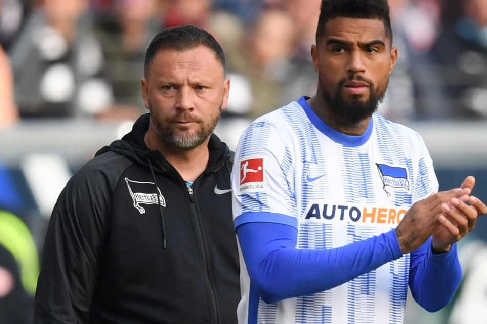 Hertha-Trainer Pal Dardai (45/l.) sieht nach dem überzeugenden 2:1 gegen Eintracht Frankfurt weiter Fortschritte. Kevin-Prince Boateng (34/r.) wird wohl auch gegen Borussia Mönchengladbach zunächst auf der Bank sitzen.