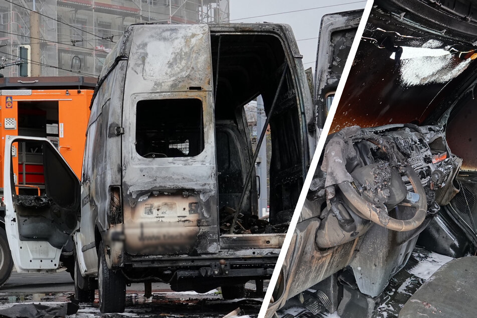 Dresden: Transporter brennt auf Kreuzung komplett aus - Insassen wollen selber löschen!