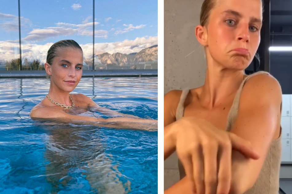 Klar, ist Caro Daur (26) schön (links im Pool), aber eben, wie jeder andere auch, nicht makellos (rechts bei der Hautpflege).