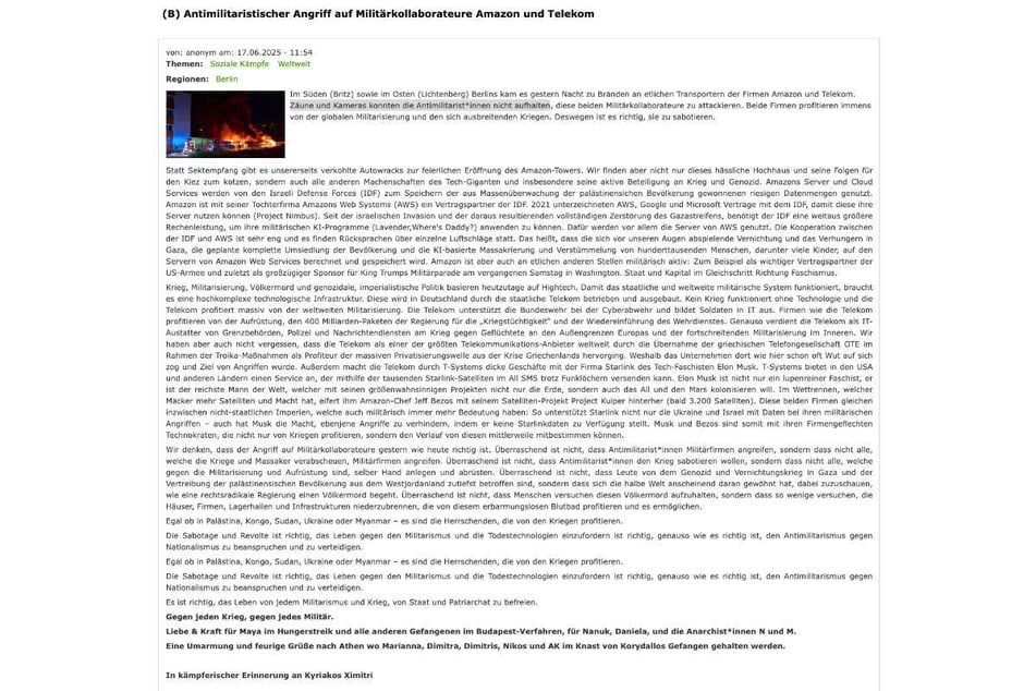 Bei indymedia ist ein anonymes Bekennerschreiben zu den Brandanschlägen veröffentlicht worden