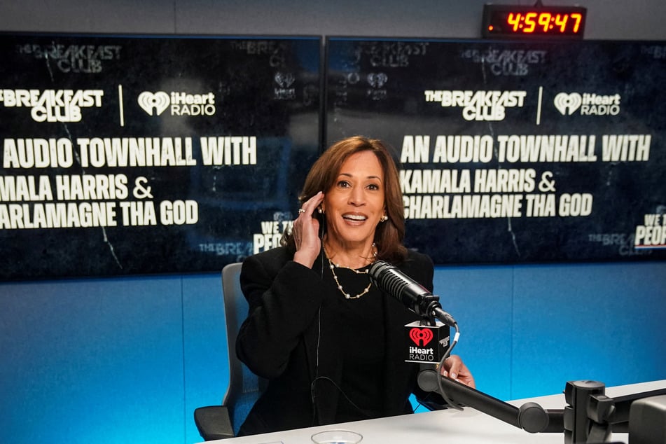 Vice President Kamala Harris participates in an audio town hall with radio host Charlamagne Tha God in Detroit, Michigan.