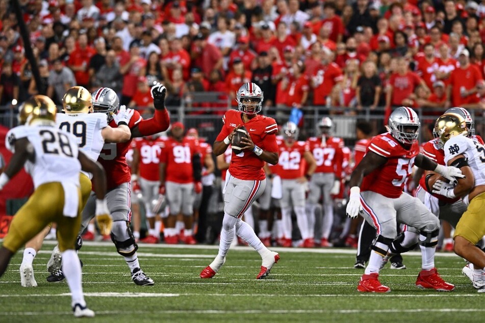 CJ Stroud of the Ohio State Buckeyes drops back to pass during the first quarter against the Notre Dame Fighting Irish at Ohio Stadium over the weekend.