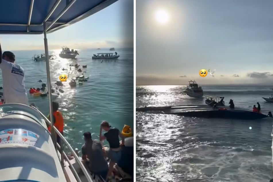 Panische Touristen flüchten vom sinkenden Schiff.