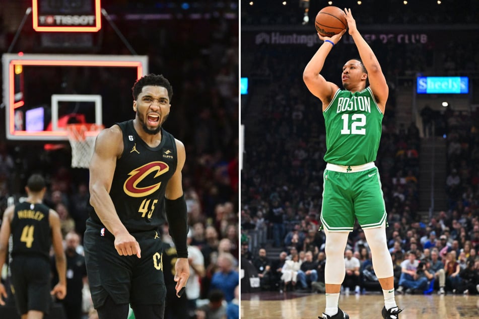 Celtics forward Grant Williams (r.) missed two free throws with less than a second left, as Cleveland Cavaliers guard Donovan Mitchell celebrated his team's win.