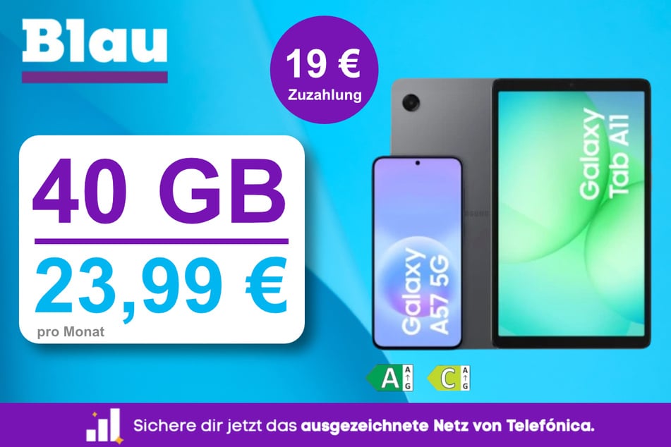 Das Samsung Galaxy A57 mit Galaxy Tab A11 und 40 GB Daten für einmalig 19 Euro bei Blau.