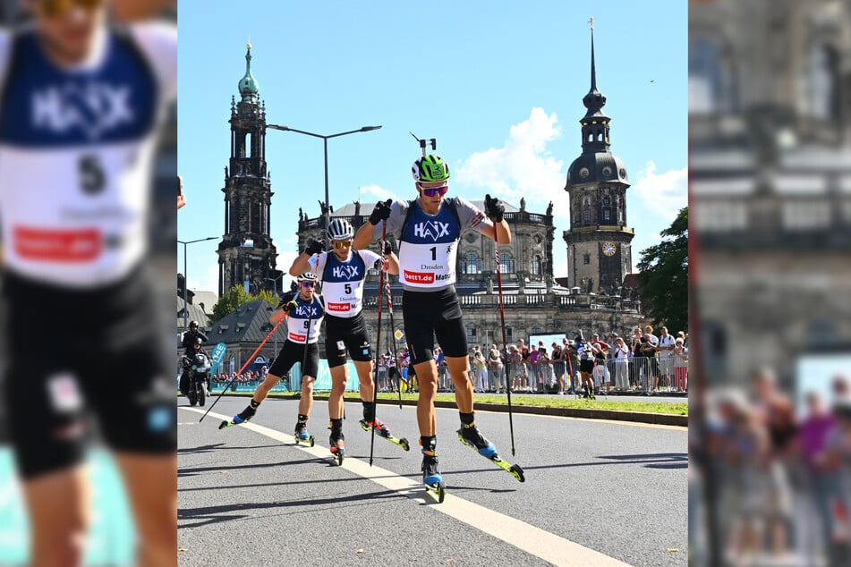 Der Franzose Eric Perrot (24, l.) und Justus Strelow (29, M.) lieferten sich 2025 einen harten Fight beim City-Biathlon.