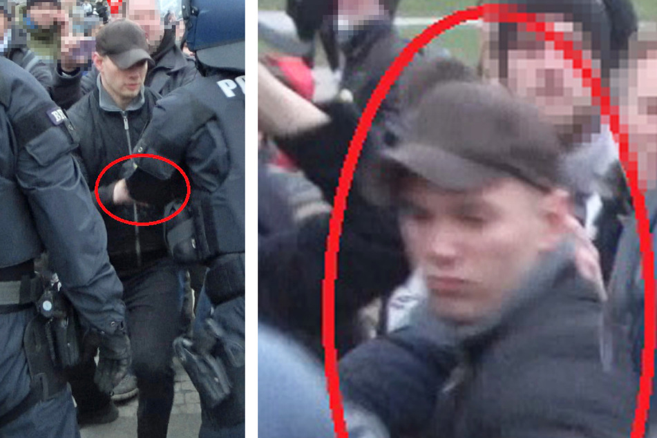 Die Polizei in Nordhessen veröffentlichte diese Bildmontage, welche den gesuchten Mann bei einer Querdenker-Demonstration in Kassel zeigt.