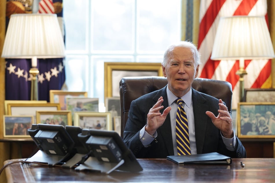 US President Joe Biden speaks during a briefing on the wildfires across Los Angeles in the Oval Office of the White House on Friday in Washington, DC.