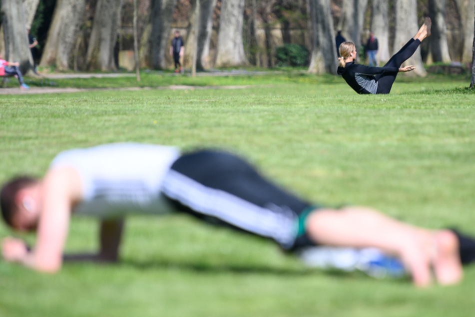 Im Schlossgarten machen Menschen Sport.