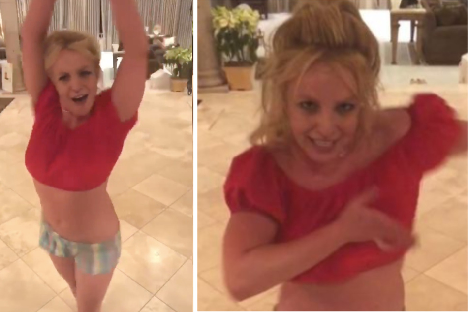 Britney posted a video of herself dancing to Aerosmith with a caption about the New York Times documentary (collage).