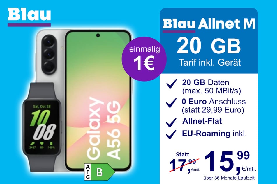 Das Samsung Galaxy A56 + Galaxy Fit 3 im Blau Allnet M für einmalig 1 Euro.