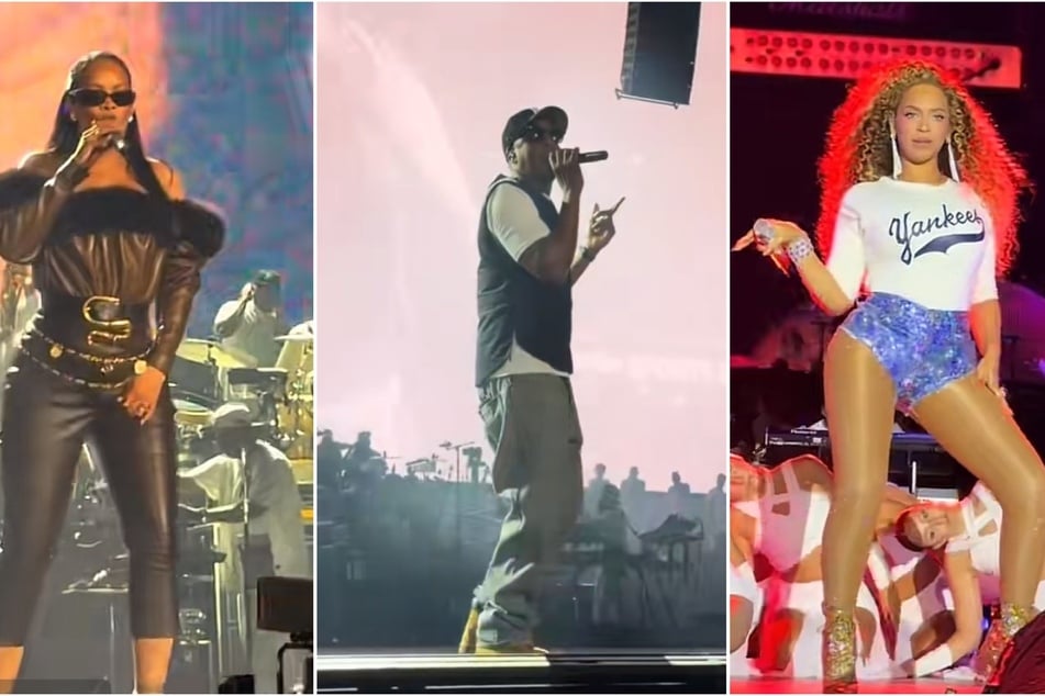 Jay-Z (c) shocked fans with his star-studded final show for his Yankee Stadium Residency, including Beyoncé (r) and Rihanna.