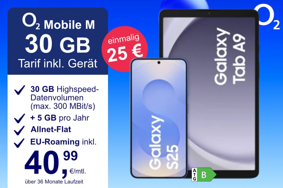 Das Samsung Galaxy S25 + Tab A9 im o2 Mobile M für einmalig 25 Euro.