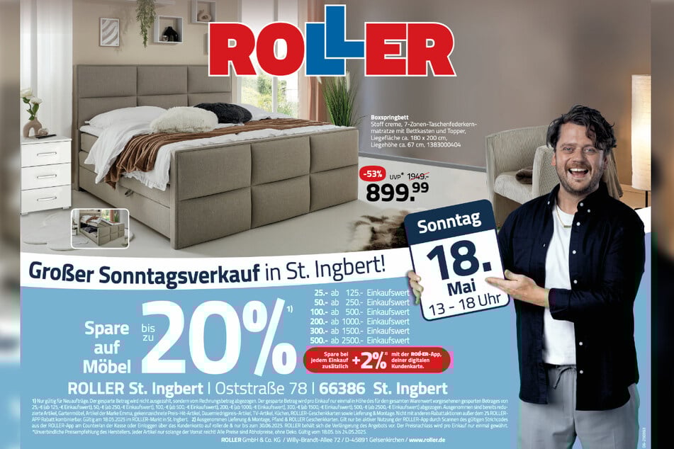 Zum verkaufsoffenen Sonntag (18.5.) bei ROLLER in St. Ingbert bekommt Ihr Boxspringbetten satte 53 Prozent günstiger.