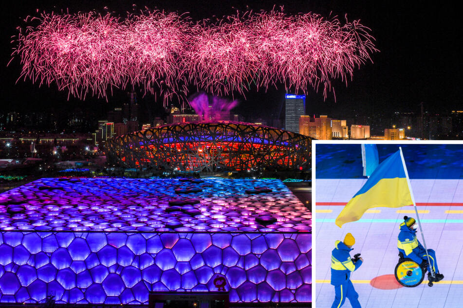 Ukrainian athletes received a thunderous ovation as they entered (r.) the Opening Ceremony of the Beijing 2022 Paralympics.