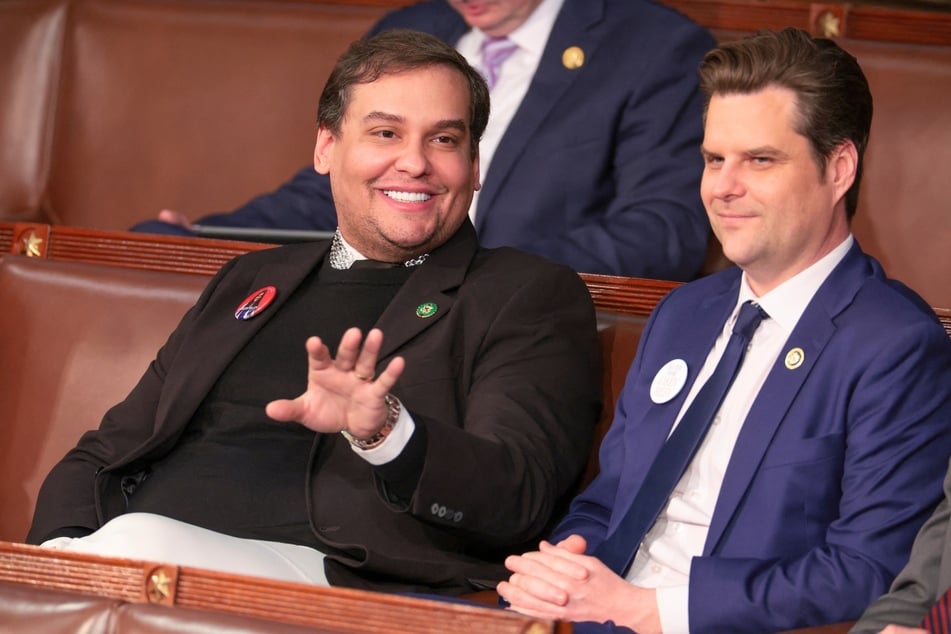 In a recent episode of his new show, Matt Gaetz (r.) asked George Santos (l.) for beauty advice after he went viral for his poorly done makeup.