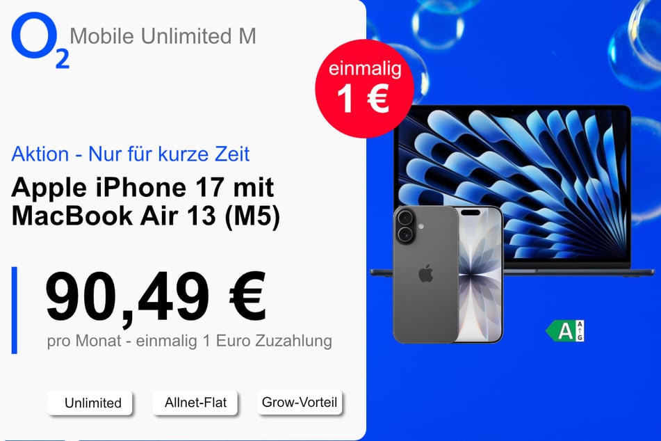 Das iPhone 17 mit MacBook Air 13 (M5) und Unlimited Tarif für einmalig nur 1 Euro bei o2.