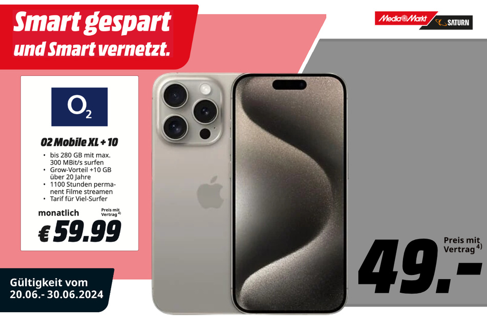 Apple iPhone 15 Pro 5G für 49 Euro im Vertrag.