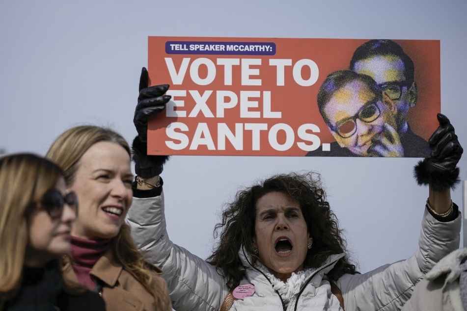 Constituents from Rep. George Santos' district call for his expulsion from Congress during a protest outside the US Capitol.