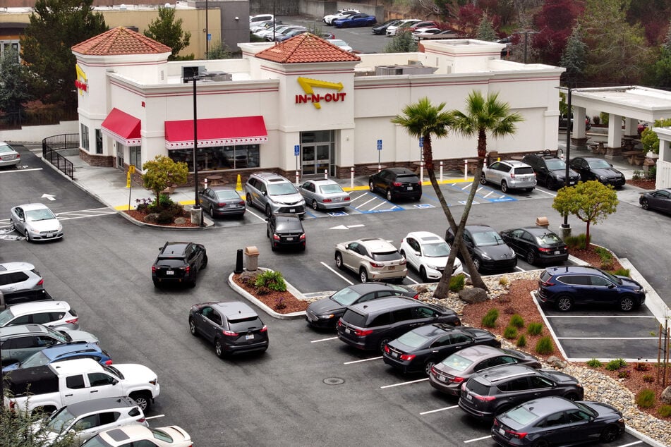 An aerial view of an In-N-Out Burger restaurant on July 21, 2025, in Daly City, California.