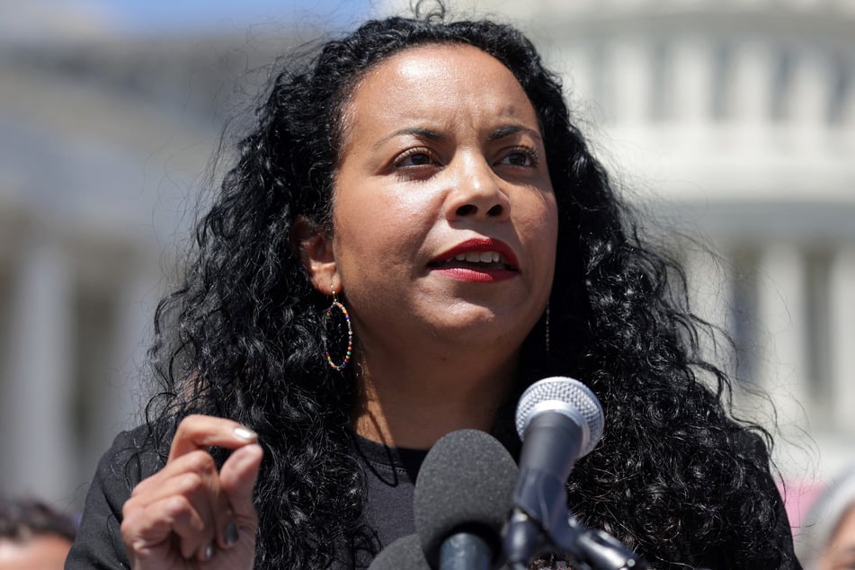Analilia Mejia, co-executive director of the Center for Popular Democracy, speaks during a news conference outside the US Capitol calling for immediate resignation of Supreme Court Justice Clarence Thomas on April 19, 2023.