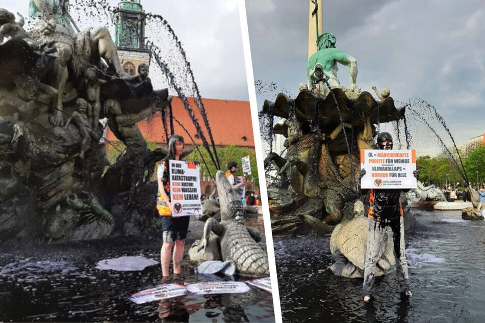Berliner Wahrzeichen in schwarzes Wasser getaucht: "Letzte Generation" protestiert gegen "Tödliches Erdöl"