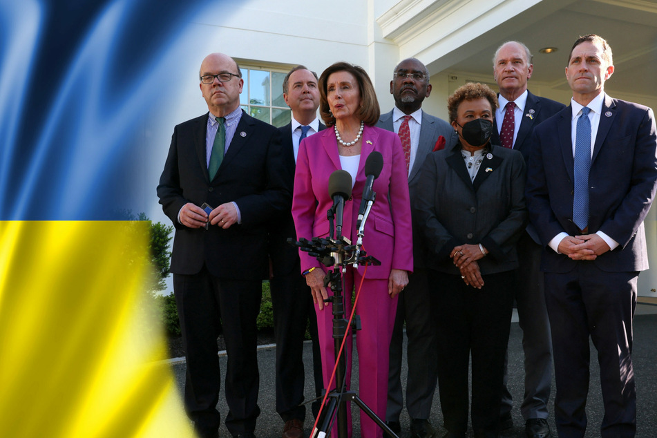 House Speaker Nancy Pelosi (3rd from l.) speaking alongside other members of a congressional delegation that recently visited Ukraine.
