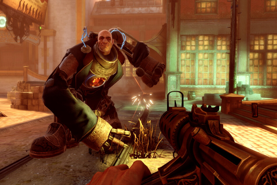 In "Bioshock: Infinite" kämpft Ihr über den Wolken: In Columbia warten schwere Brocken wie dieser Handyman auf Euch.