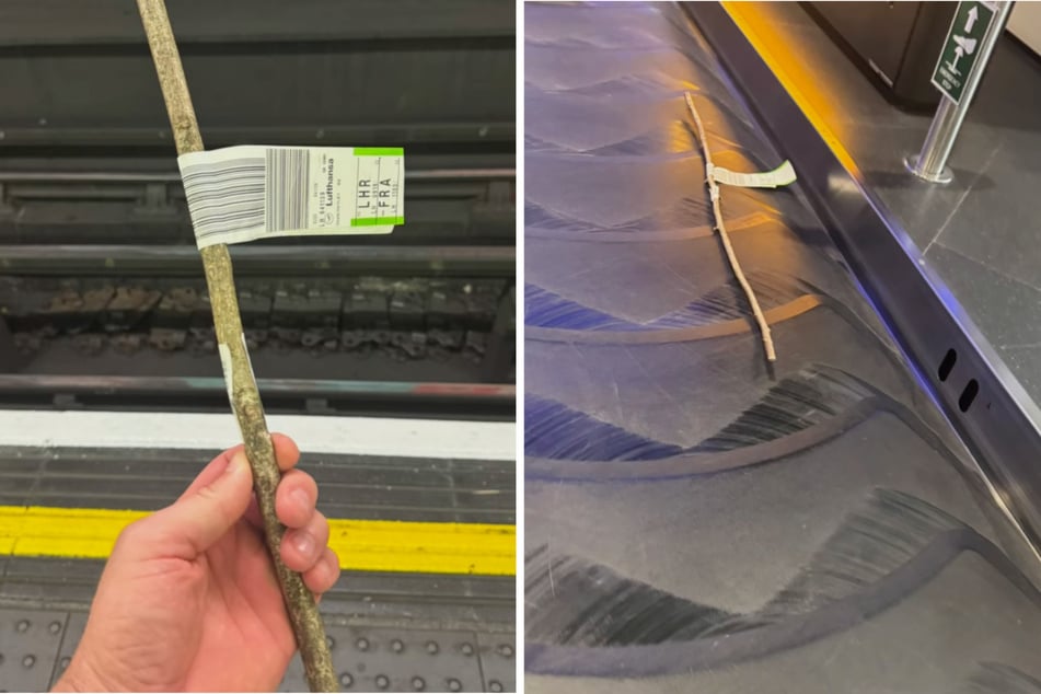 Beim Beschriften des Gepäckscheins hatte ein Lufthansa-Mitarbeiter Benjamin geholfen. Schließlich war es geschafft: Der Stock liegt in London auf dem Gepäckband (r.).