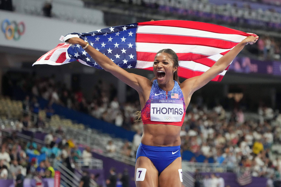 Gabby Thomas celebrates her victory in the 200m at the Paris Olympics on Tuesday, the crowning achievement of her career thus far.