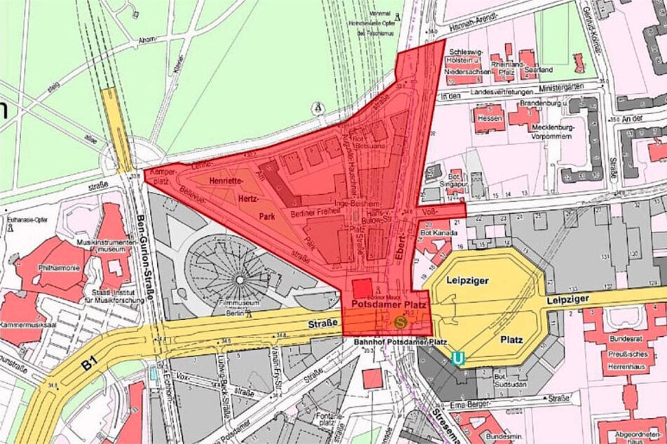 Sperrbereich rings um den Potsdamer Platz, gültig vom 17. Oktober 15 Uhr bis 18. Oktober 23:59 Uhr.