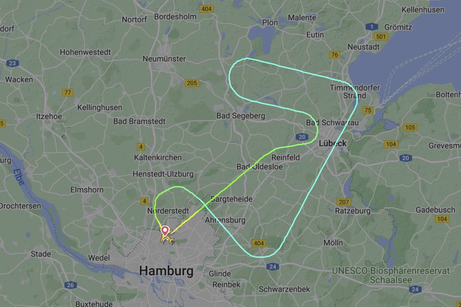 Auf dem Flugradar ist zu sehen, wie die Maschine kurz nach dem Start wieder zurück nach Hamburg kehrte.