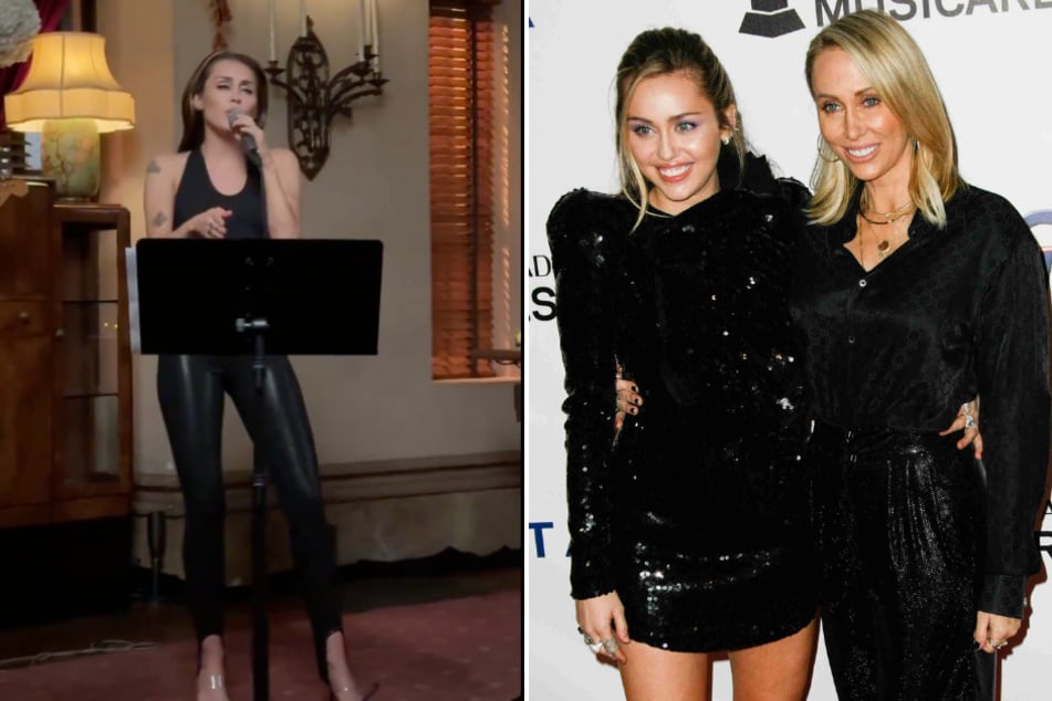 A new video posted on X shows Miley Cyrus (l.) singing a brand new song she reportedly wrote for her mom Tish!