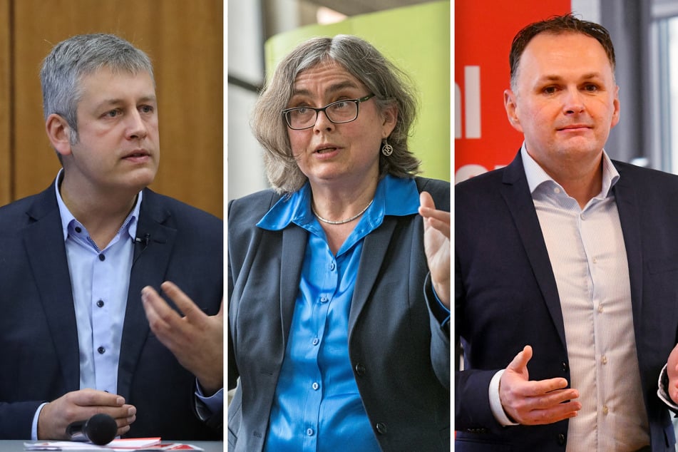 Von den drei Kandidaten Albrecht Pallas (42, SPD, v.l.n.r.), Eva Jähnigen (56, Grüne) und André Schollbach (43, Linke) tritt nur einer im zweiten Wahlgang an.
