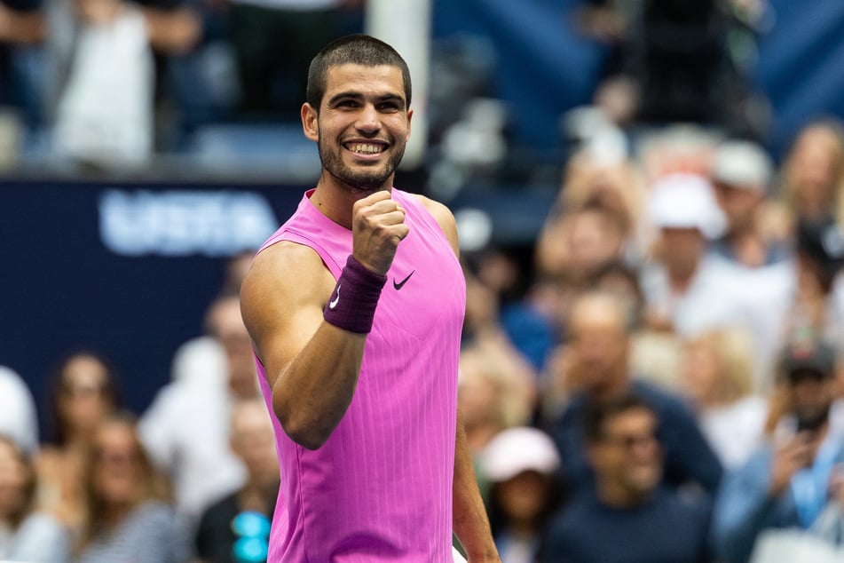 Carlos Alcaraz of Spain celebrates his victory over Novak Djokovic of Serbia in the men’s singles semifinal at the 2025 US Open.
