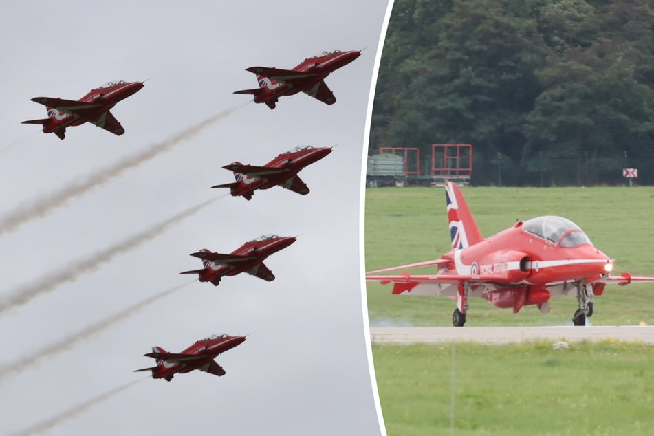 Dresden: Spektakel am Flughafen: Acht rote Jets in Dresden gelandet
