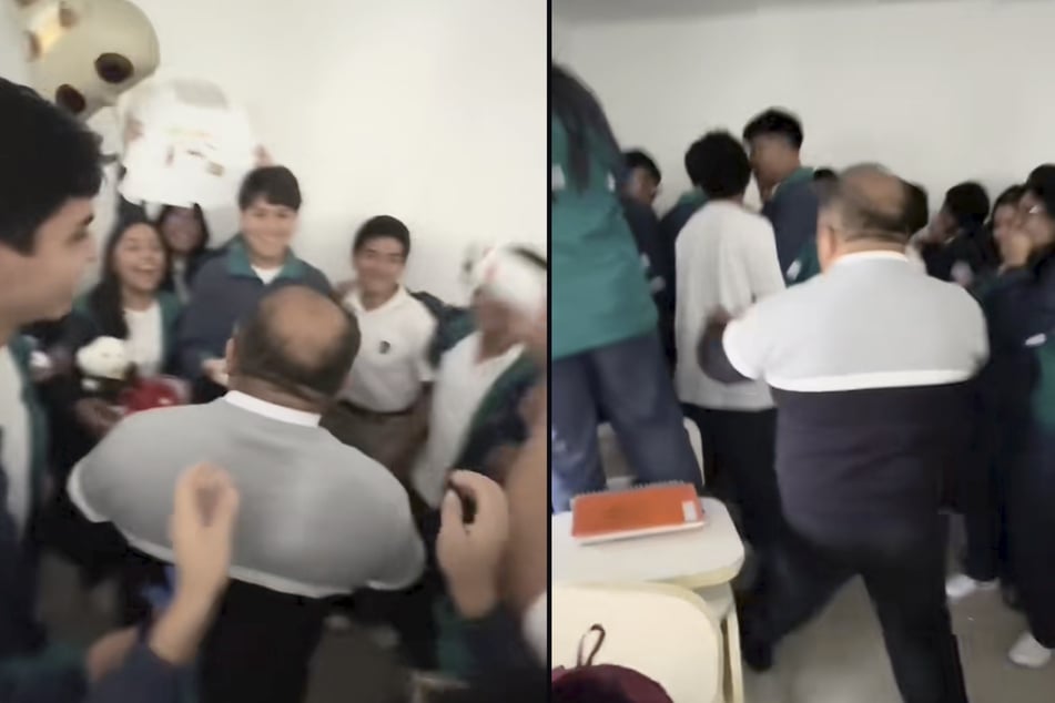 Ein Lehrer aus Peru, der zuerst eine Prügelei vermutete, wurde von seiner Klasse überrascht.