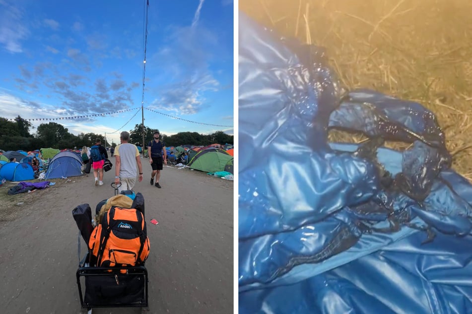 Während einige Festivalgäste wie Amber Vellacott (26) das Camp rechtzeitig unbeschadet verließen (l.), wurden die Zelte anderer Besucher durch die Brände zerstört.