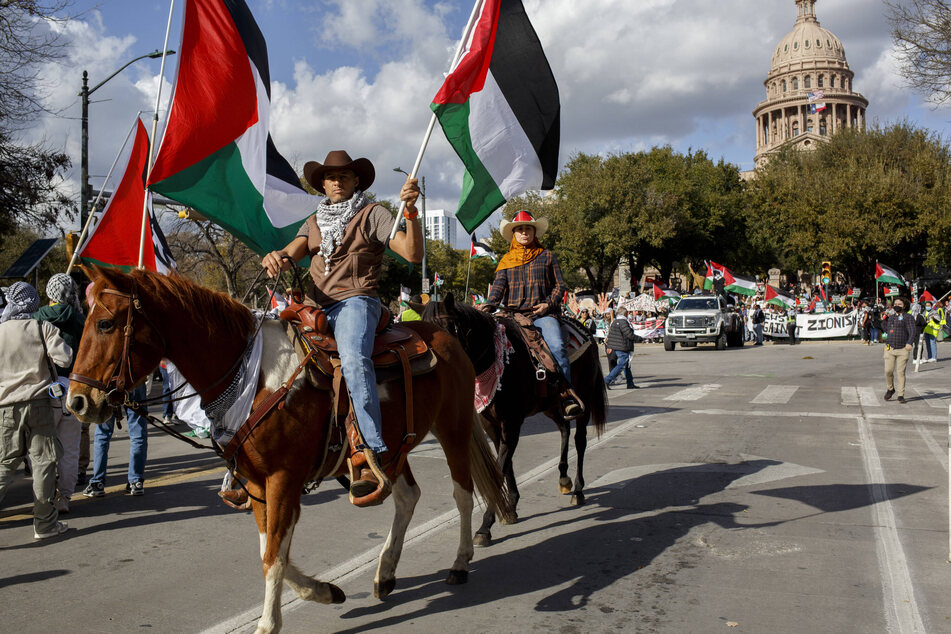 Protesters, some on horseback, rally for a permanent ceasefire and Palestinian freedom outside the Texas State Capitol in Austin.