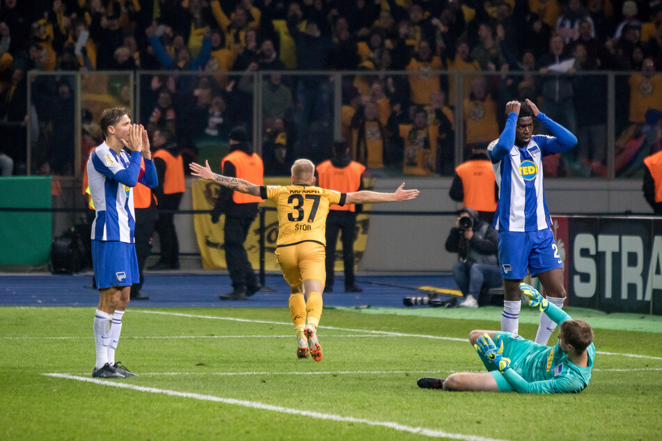 Luka Stor (23) traf bei der historischen Dynamo-Pokalpartie bei Hertha BSC zum zwischenzeitlichen 3:2 in der Verlängerung.