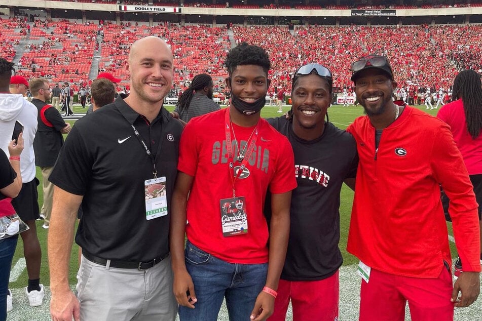 (From l. to r.) Shaun Chapas, Marcus Washington Jr, Knowshon Moreno, and Tavarres King at the Dooley Field at Sanford Stadium in Athens, Georgia.