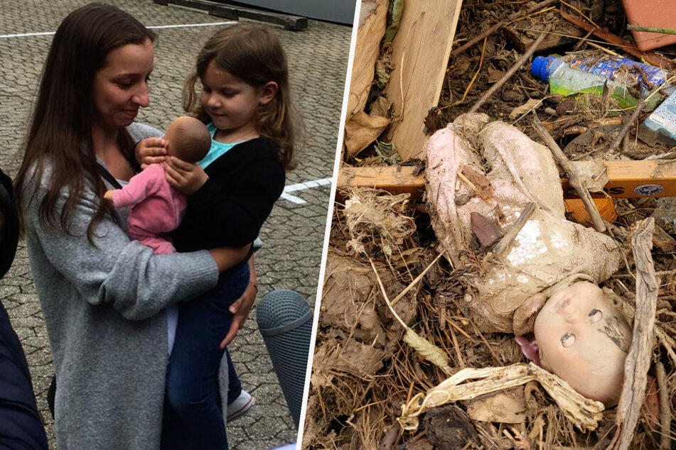 Hannah und ihre Mutter freuen sich, dass "Rosi" wieder da ist (l.). So hatte die Puppe ausgesehen, als sie Ende Juli von Michael Schulz von den Maltesern gefunden wurde (r.).