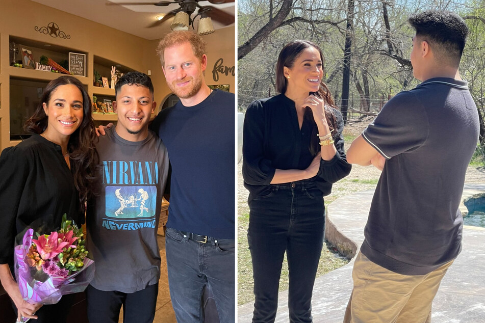 Prince Harry (third from l.) and Meghan Markle (l.) paid a visit to Uvalde, Texas, on Saturday to visit the family of Robb Elementary School shooting victim Irma Garcia.
