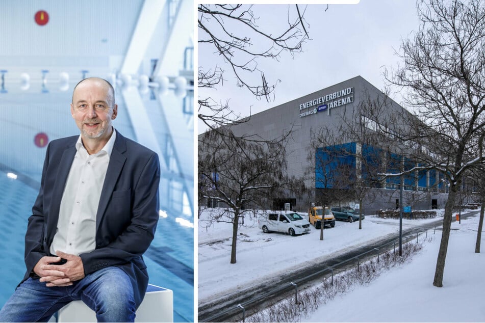 Dresdens Bäder-Chef Matthias Waurick (58, l.) hat die Schneelast auf Flachdächern, wie hier bei der EnergieVerbund Arena (r.), im Blick.